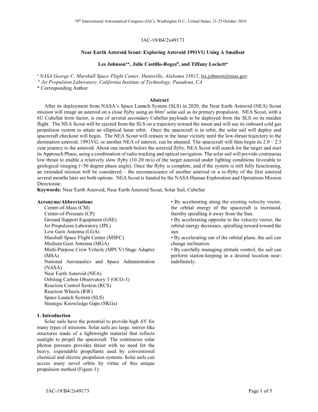 IAC-19/B4/2X49173 Page 1 of 5 IAC-19/B4/2X49173 Near Earth