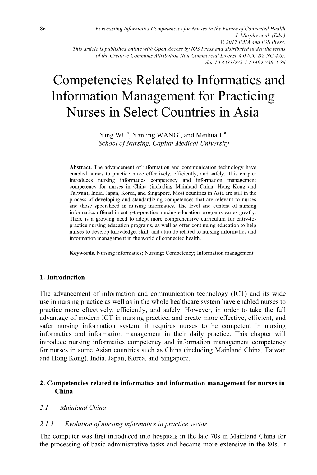 Competencies Related to Informatics and Information Management for Practicing Nurses in Select Countries in Asia