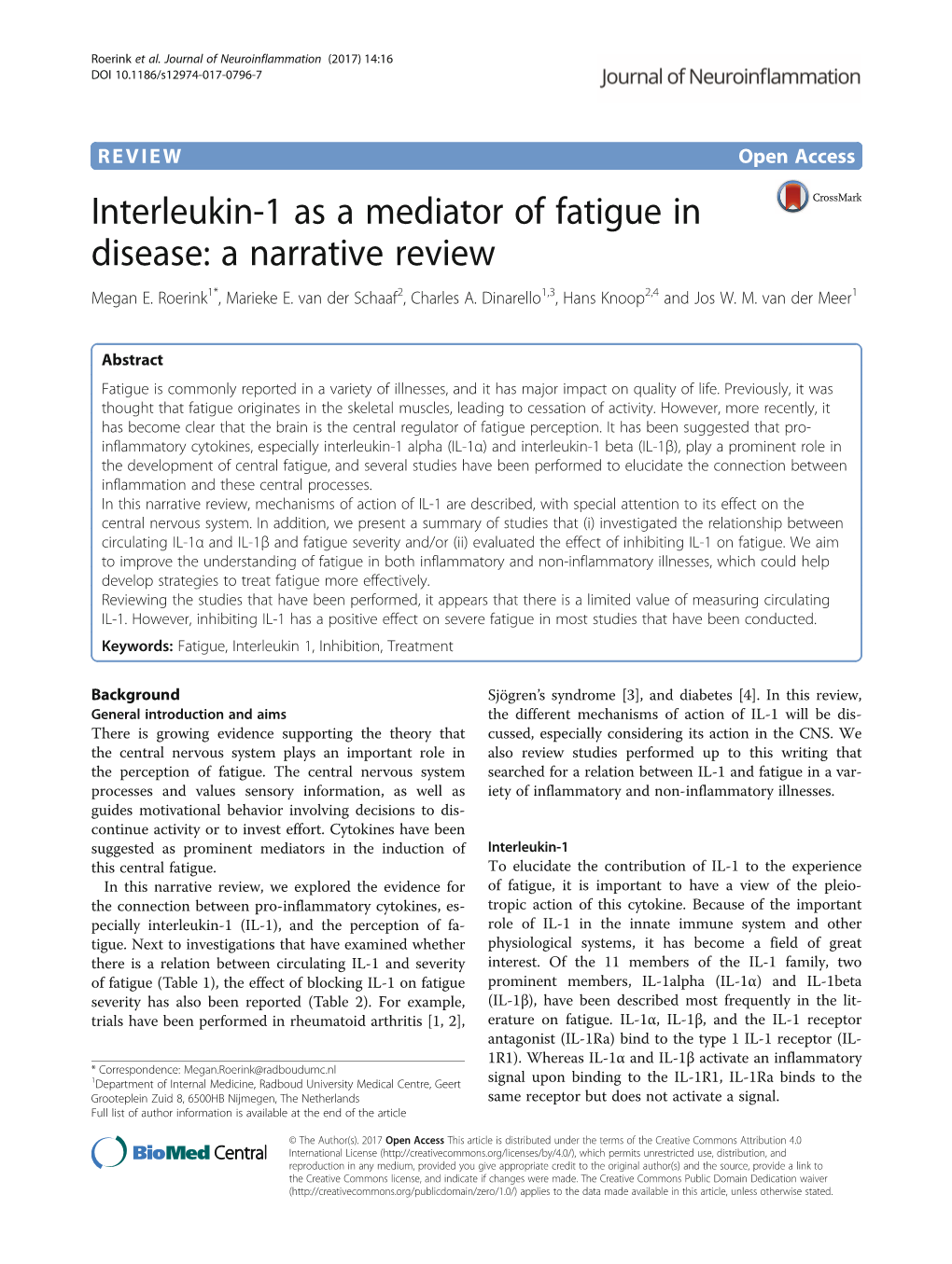 Interleukin-1 As a Mediator of Fatigue in Disease: a Narrative Review Megan E