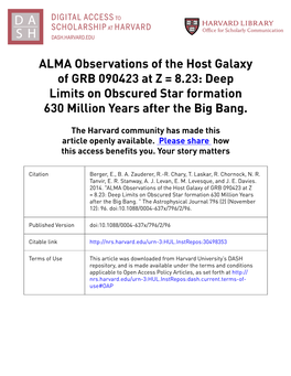 ALMA Observations of the Host Galaxy of GRB 090423 at Z = 8.23: Deep Limits on Obscured Star Formation 630 Million Years After the Big Bang