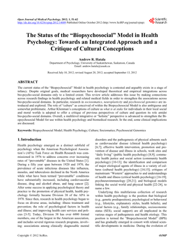 “Biopsychosocial” Model in Health Psychology: Towards an Integrated Approach and a Critique of Cultural Conceptions