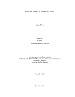 Du Fascisme Comme D'un État Dans L'état D'esprit Adrian Mares Mémoire
