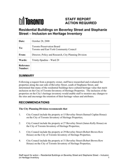 STAFF REPORT ACTION REQUIRED Residential Buildings on Beverley Street and Stephanie Street – Inclusion on Heritage Inventory