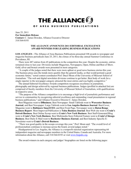 June 25, 2011 for Immediate Release Contact: C. James Dowden, Alliance Executive Director 310/364-0193