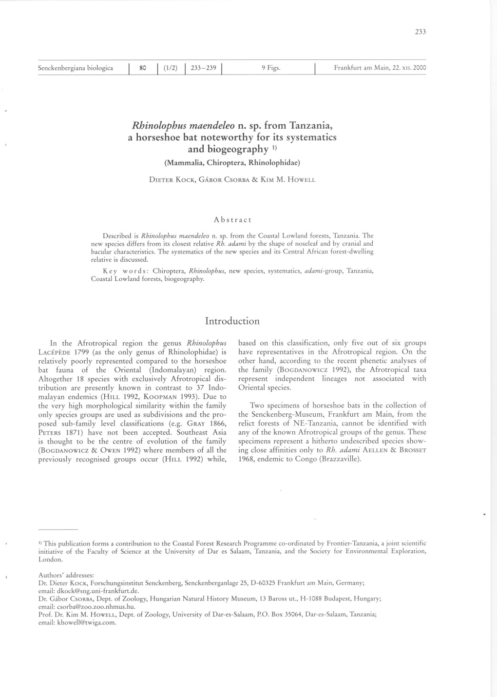 Rhinolophus Maendeleo N. Sp. from Tanzania, a Horseshoe Bat Noteworthy for Its Systematics and Biogeography 1) (Mammalia,Chiroptera,Rhinolophidae)