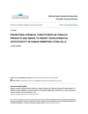 Prioritizing Chemical Constituents in Tobacco Products and Smoke to Predict Developmental Osteotoxicity in Human Embryonic Stem Cells