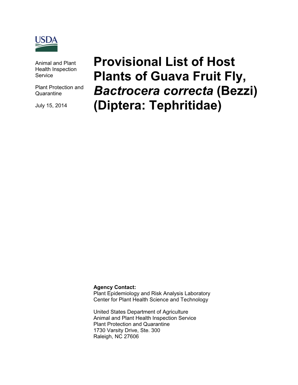 Provisional List of Host Plants of Guava Fruit Fly, Bactrocera Correcta