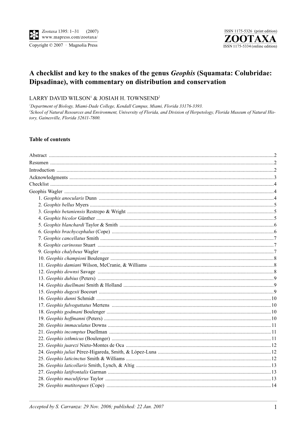 Zootaxa: a Checklist and Key to the Snakes of the Genus Geophis