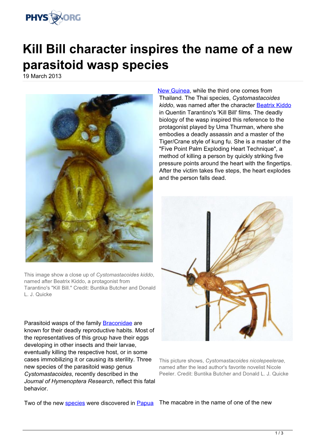 Kill Bill Character Inspires the Name of a New Parasitoid Wasp Species 19 March 2013