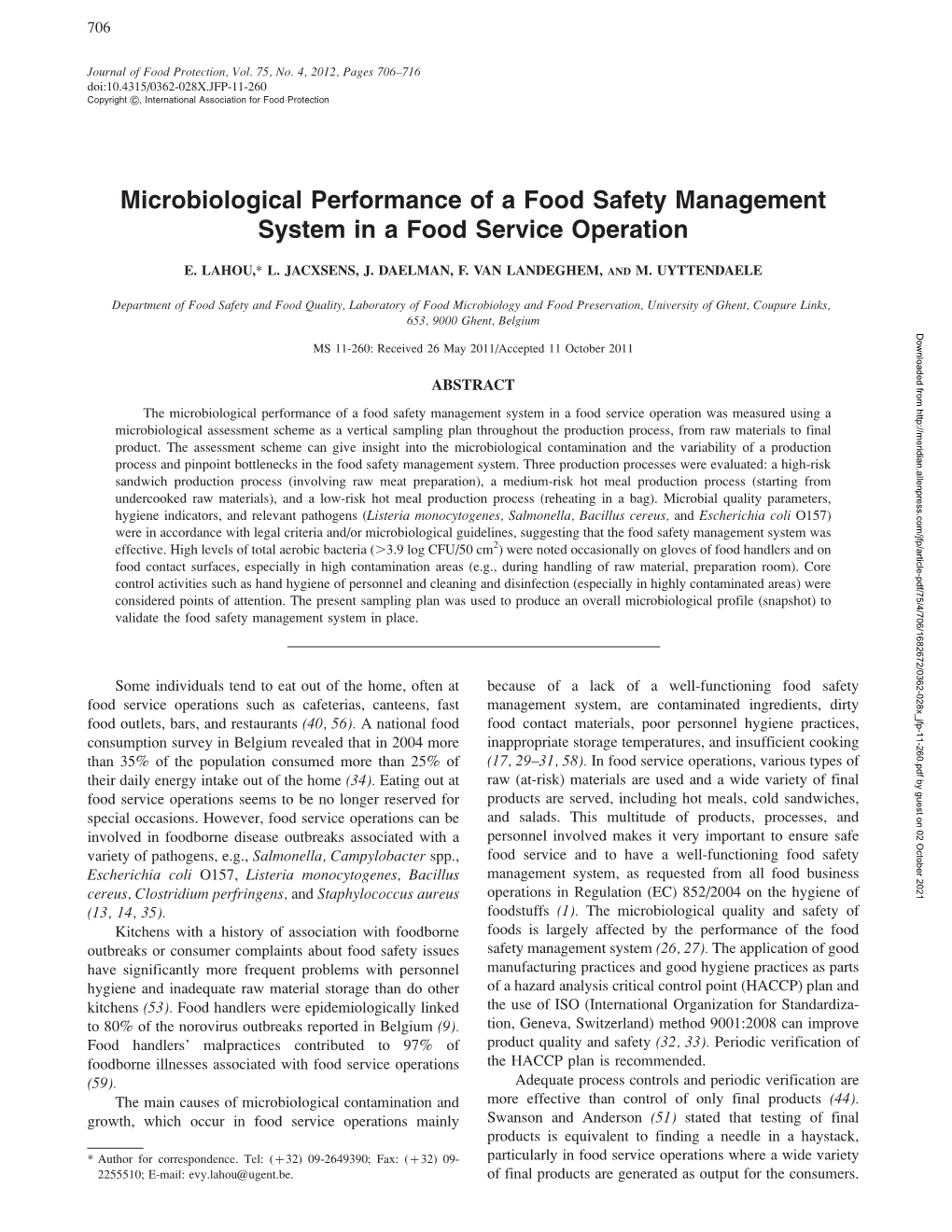 Microbiological Performance of a Food Safety Management System in a Food Service Operation