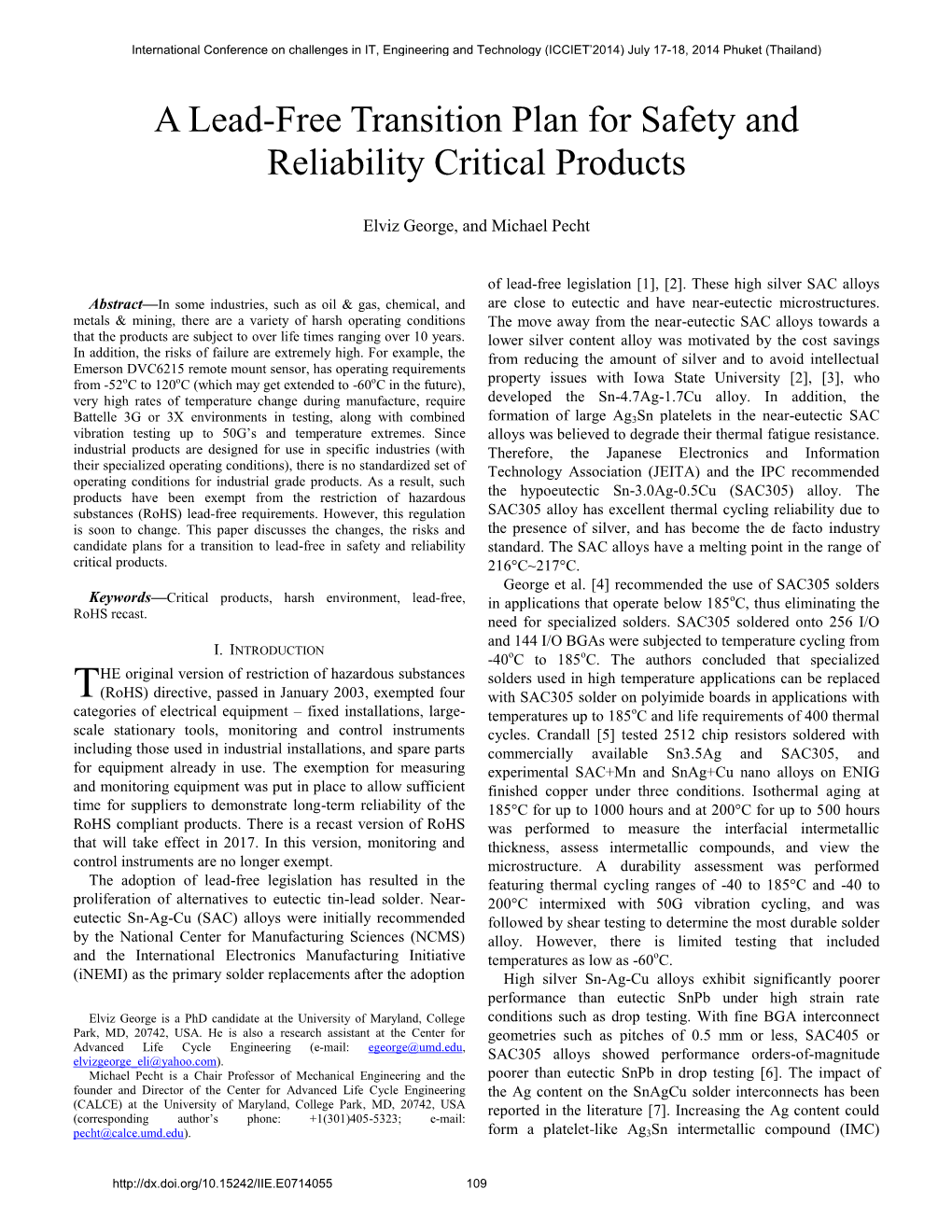 A Lead-Free Transition Plan for Safety and Reliability Critical Products