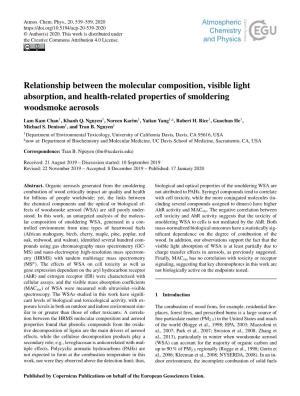 Relationship Between the Molecular Composition, Visible Light Absorption, and Health-Related Properties of Smoldering Woodsmoke Aerosols