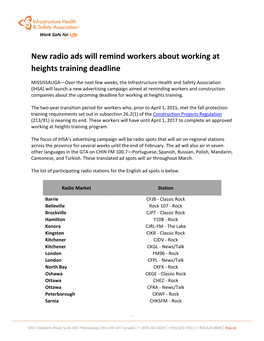 New Radio Ads Will Remind Workers About Working at Heights Training Deadline