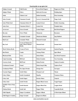 Countryside Co-Op Spice List Allspice Ground Chili Powder Green Dried Peppers Peppercorn White