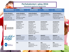 Perhekalenteri: Syksy 2016 Maksuttomia Tapahtumia Lapsiperheille