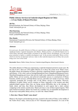 Public Library Services in Underdeveloped Regions in China —A Case Study of Shanxi Province