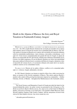 Death in the Aljama of Huesca: the Jews and Royal Taxation in Fourteenth-Century Aragon*