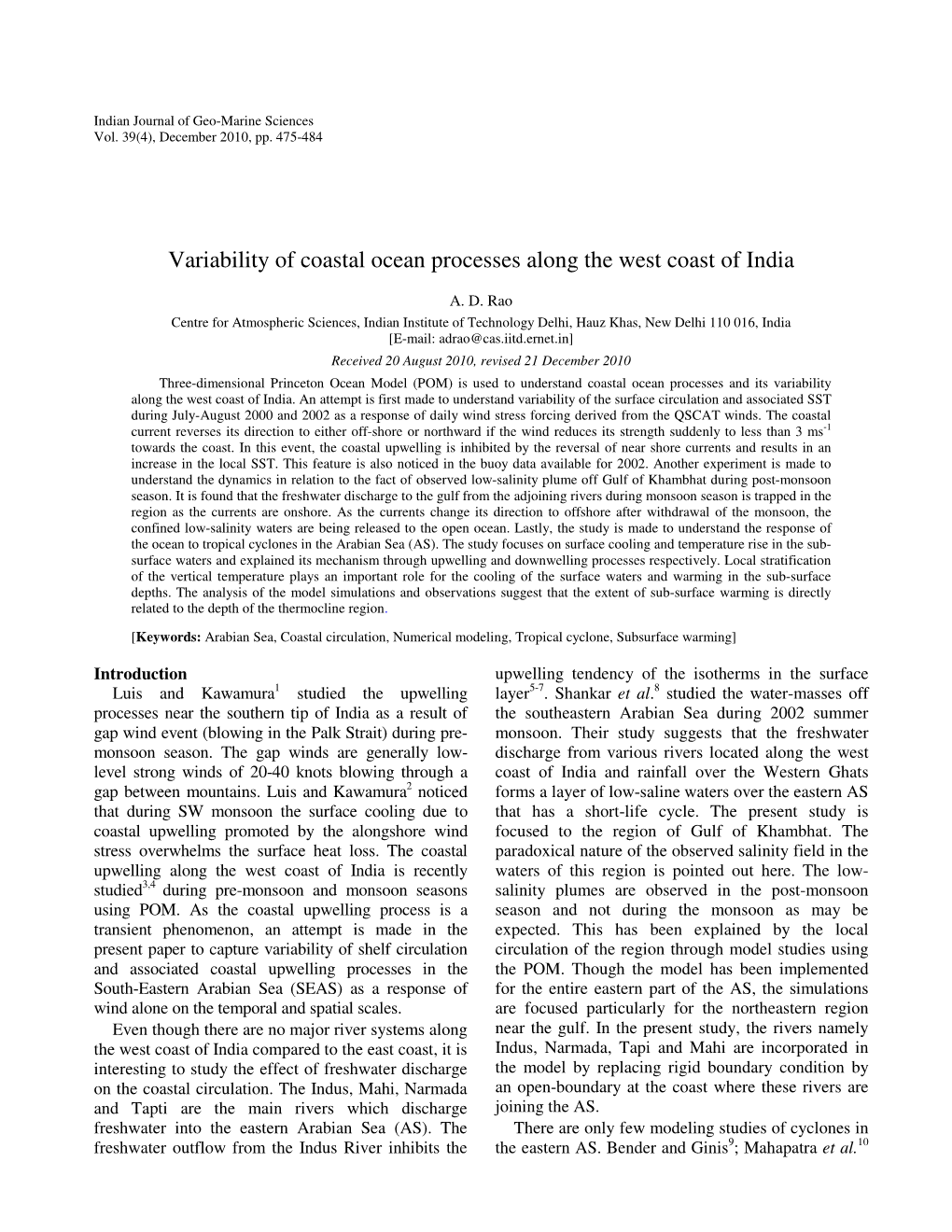 Variability of Coastal Ocean Processes Along the West Coast of India
