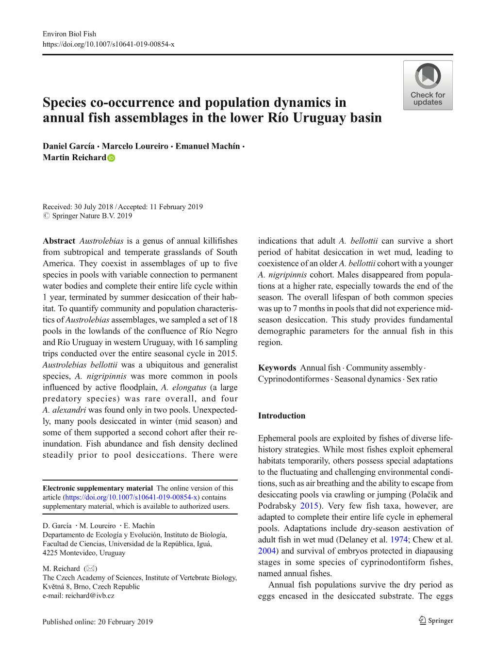 Species Co-Occurrence and Population Dynamics in Annual Fish Assemblages in the Lower Río Uruguay Basin