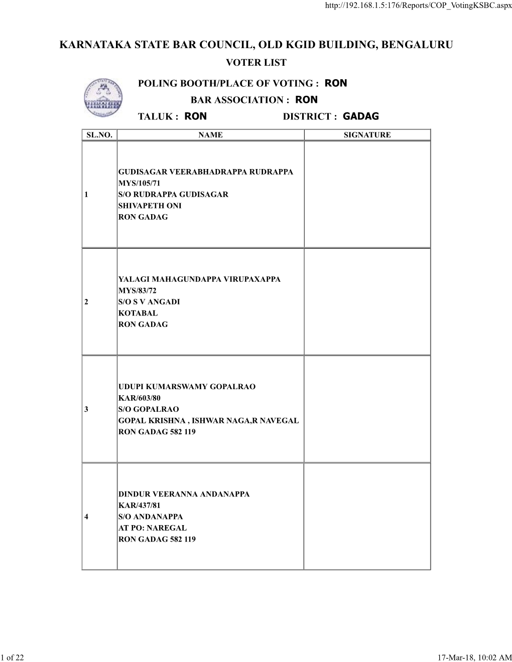 Karnataka State Bar Council, Old Kgid Building, Bengaluru Voter List