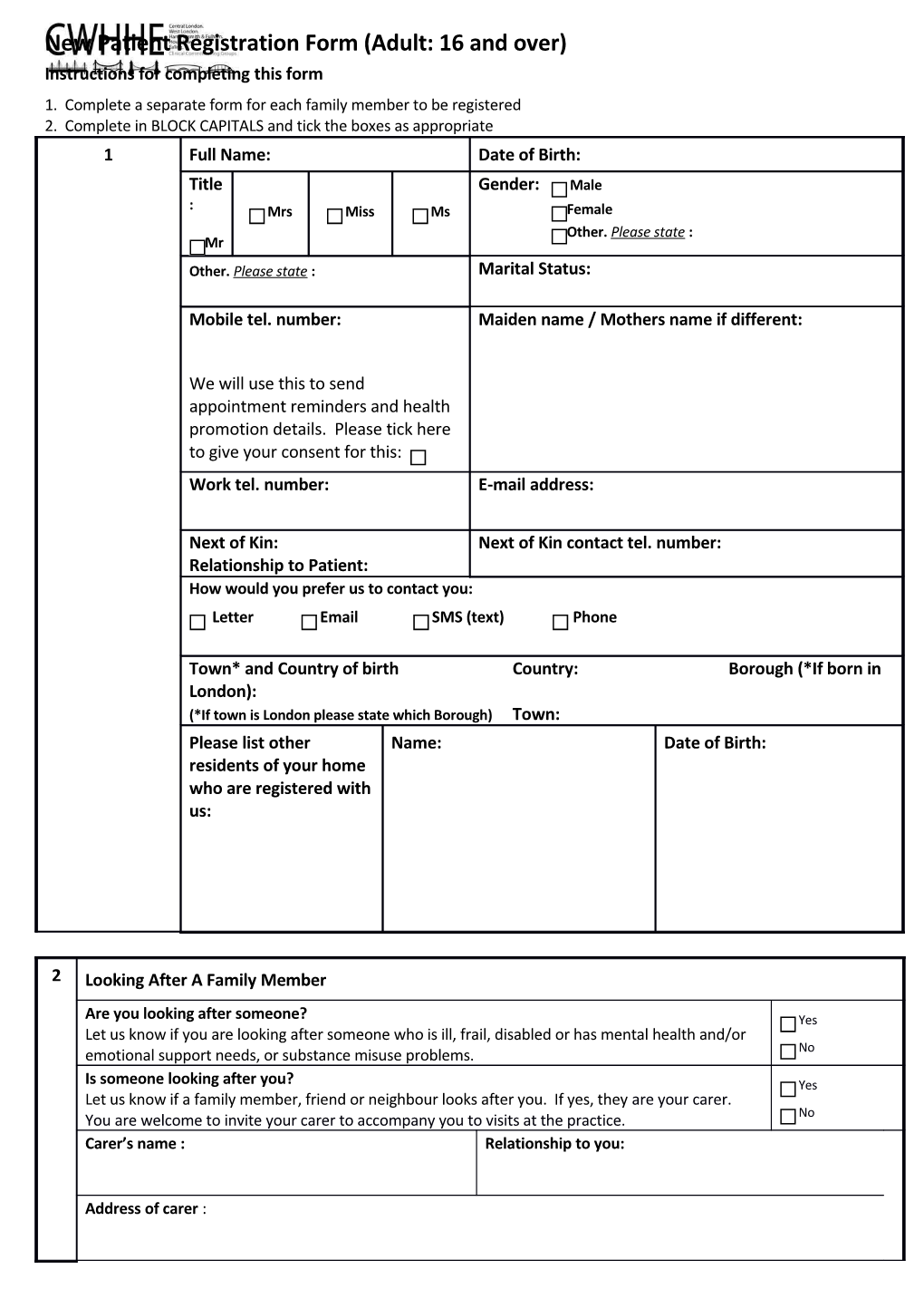 New Patient Registration Form (Adult: 16 and Over)