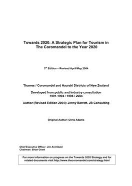 A Strategic Plan for Tourism in the Coromandel to the Year 2020