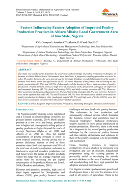 Factors Influencing Farmer Adoption of Improved Poultry Production Practices in Ahiazu Mbaise Local Government Area of Lmo State, Nigeria