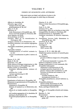 VOLUME V INDEX of SUBJECTS and AUTHORS Only Main Topics Are Listed, and Reference Is Given to the First Page of Each Paper in Which They Are Discussed