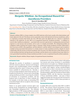 Herpetic Whitlow: an Occupational Hazard for Anesthesia Providers Barry N