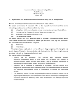 Q.1 Explain Biotic and Abiotic Components of Ecosystem Along with Its Main Principles