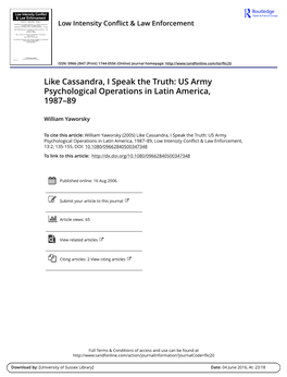 Like Cassandra, I Speak the Truth: US Army Psychological Operations in Latin America, 1987–89