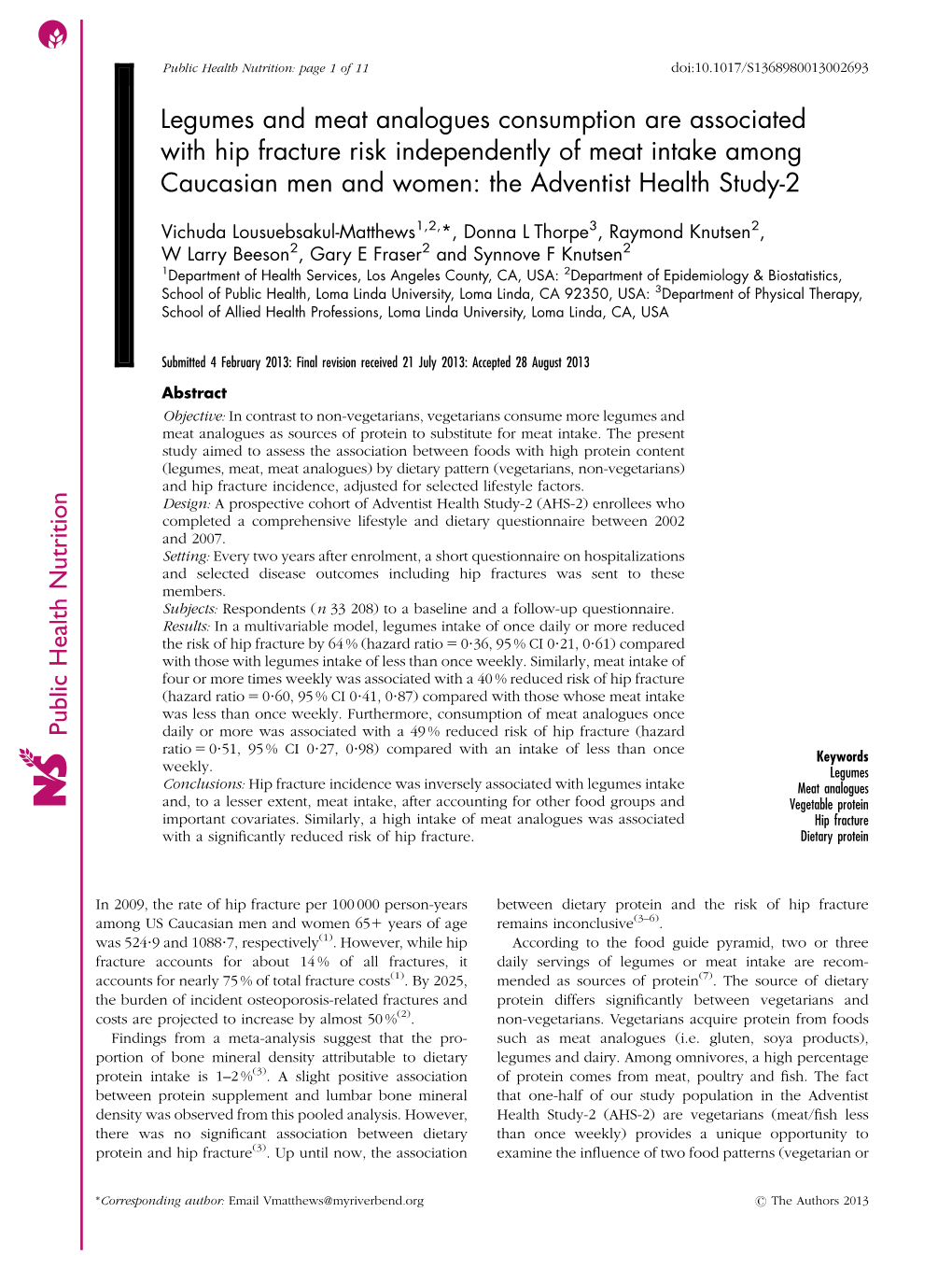 Legumes and Meat Analogues Consumption Are Associated with Hip Fracture Risk Independently of Meat Intake Among Caucasian Men and Women: the Adventist Health Study-2