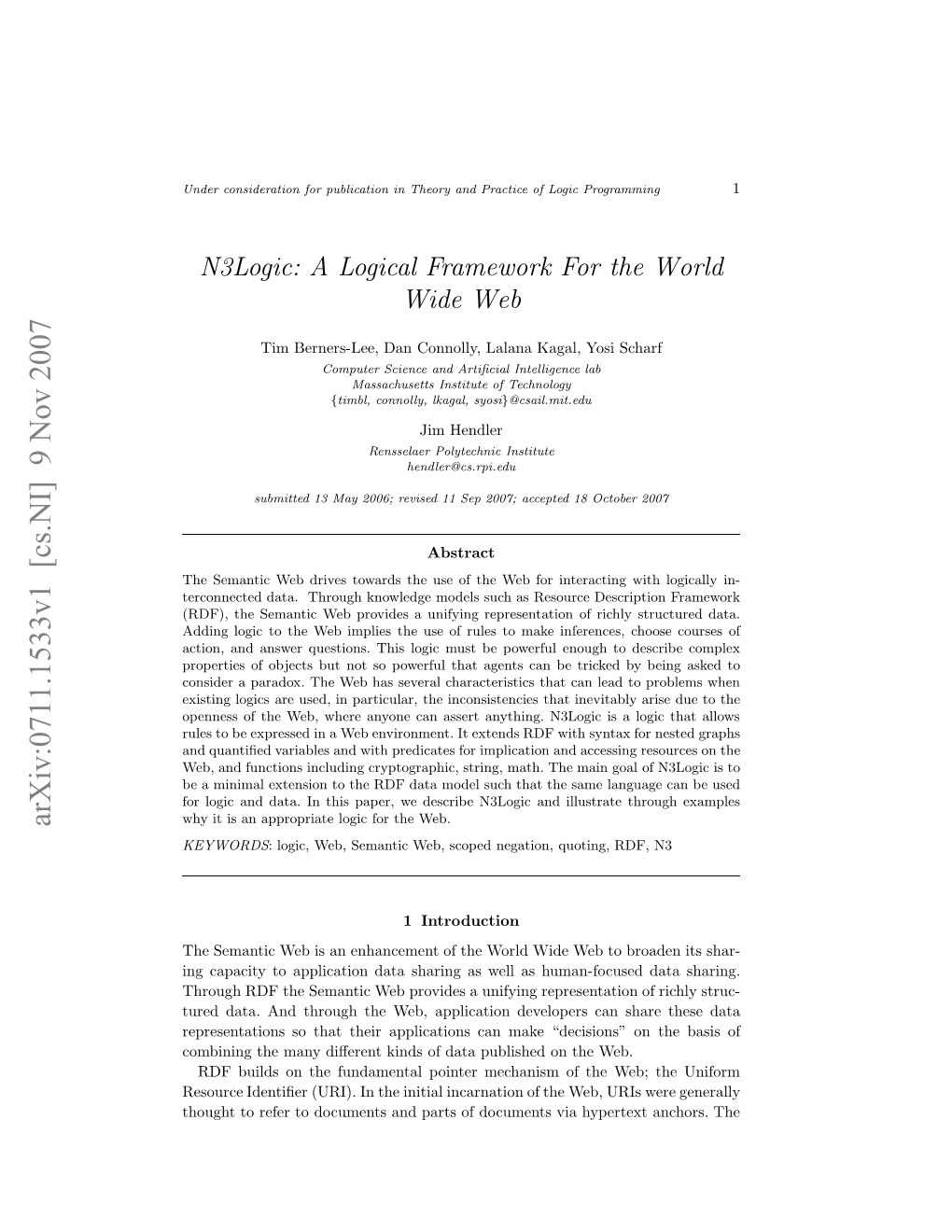 N3logic: a Logical Framework for the World Wide Web 3 Order Logic Presents Problems Such As Paradox Traps