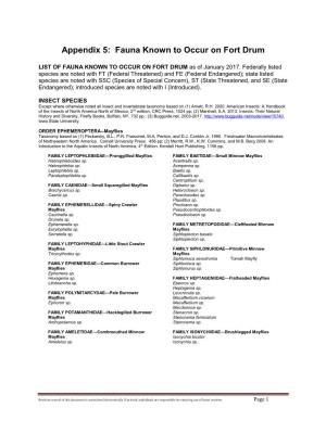 Appendix 5: Fauna Known to Occur on Fort Drum