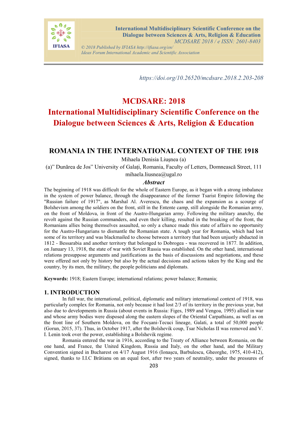 MCDSARE: 2018 International Multidisciplinary Scientific Conference on the Dialogue Between Sciences & Arts, Religion