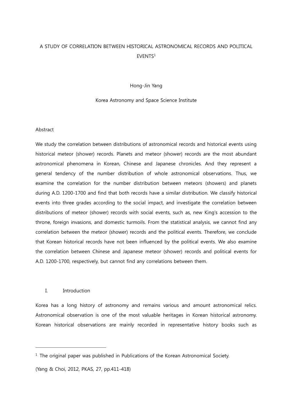 A Study of Correlation Between Historical Astronomical Records and Political Events1