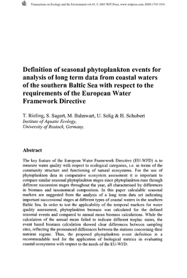 Definition of Seasonal Phytoplankton Events for Analysis of Long Term Data