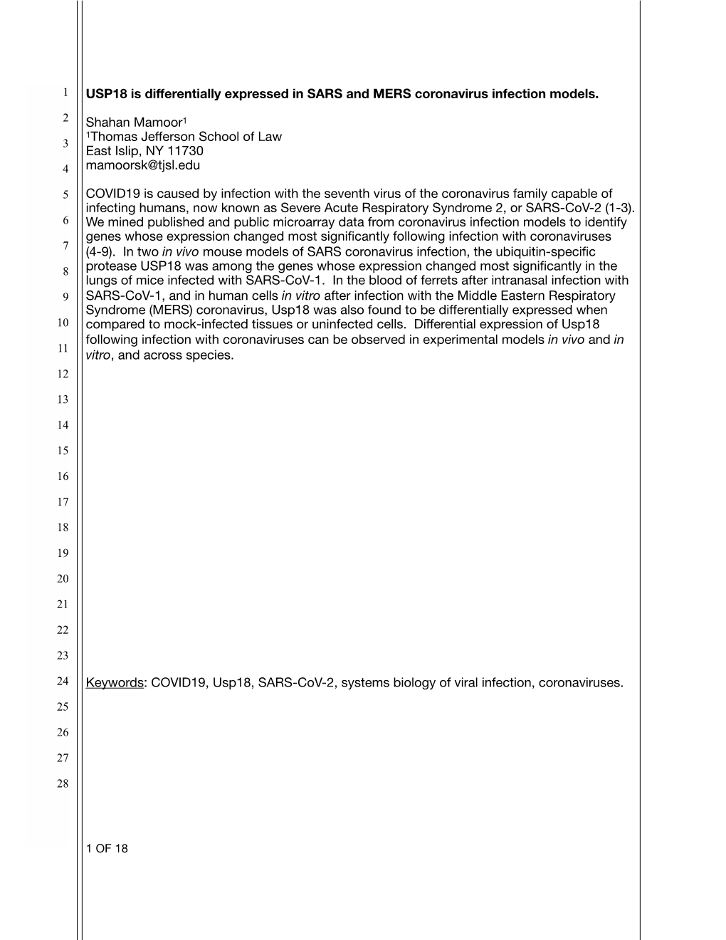 USP18 Is Differentially Expressed in SARS and MERS Coronavirus