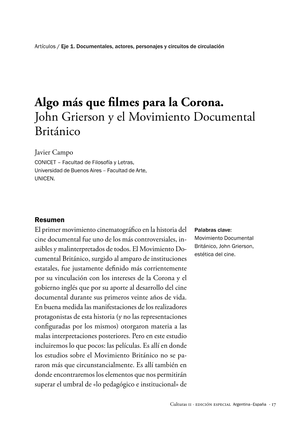 Algo Más Que Filmes Para La Corona. John Grierson Y El Movimiento Documental Británico