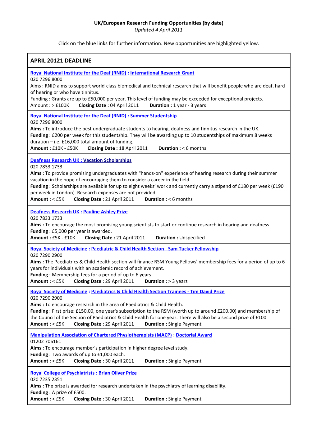 UK/European Research Funding Opportunities (By Date) s1