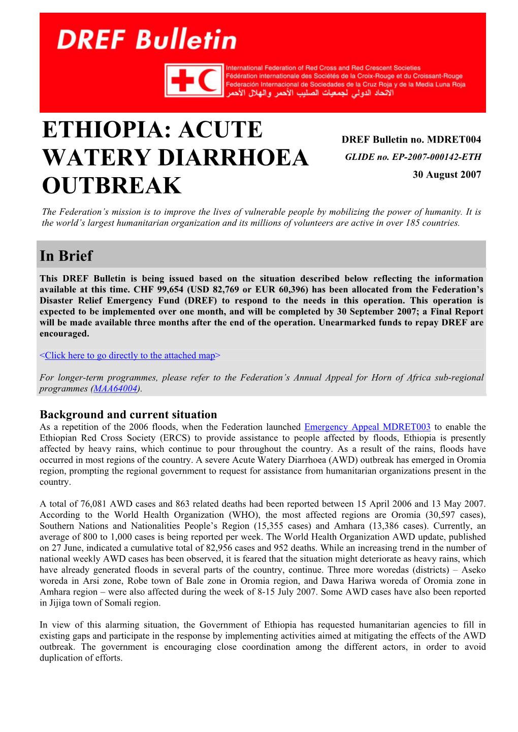 IFRC- Ethiopia: Acute Watery Diarrhoea Outbreak; DREF Bulletin