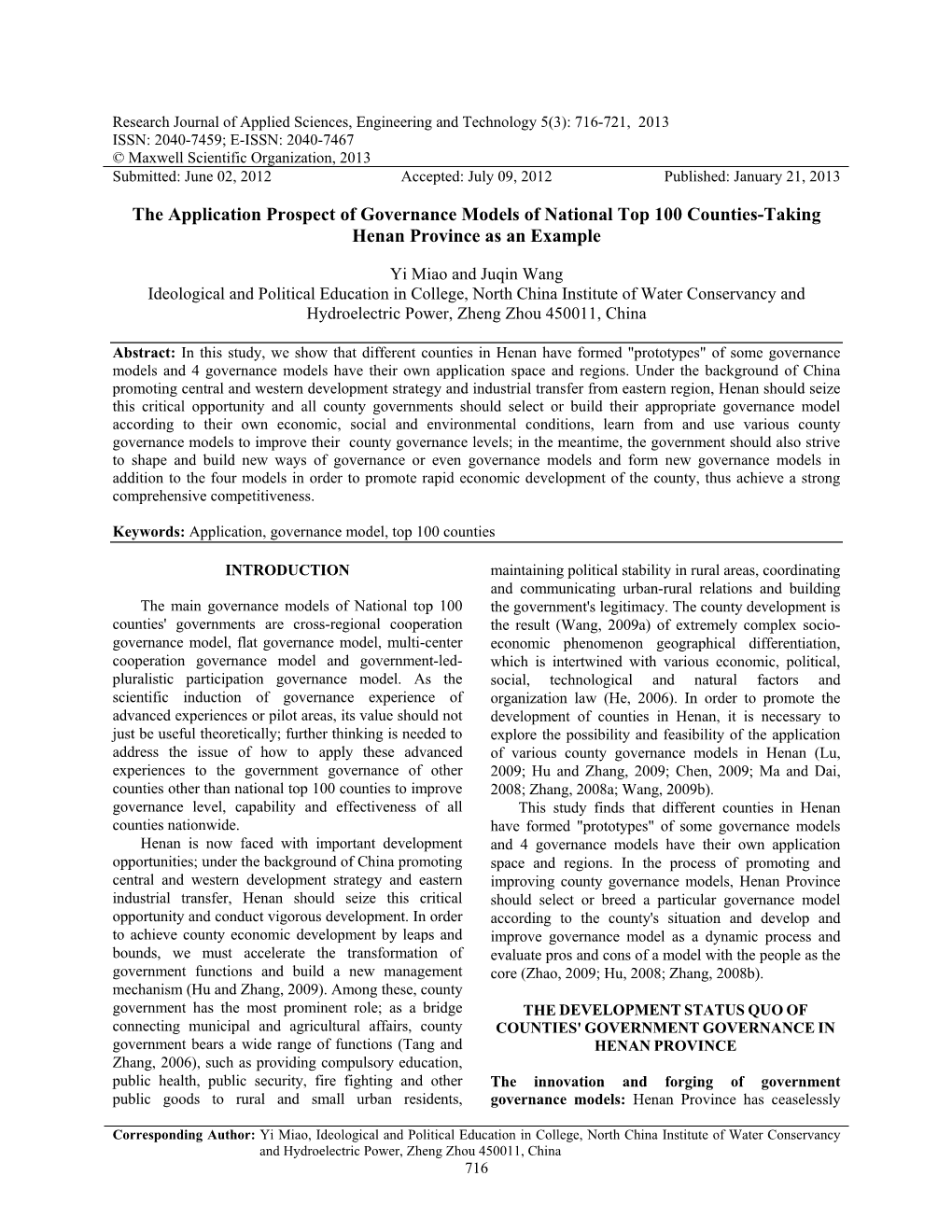 The Application Prospect of Governance Models of National Top 100 Counties-Taking Henan Province As an Example