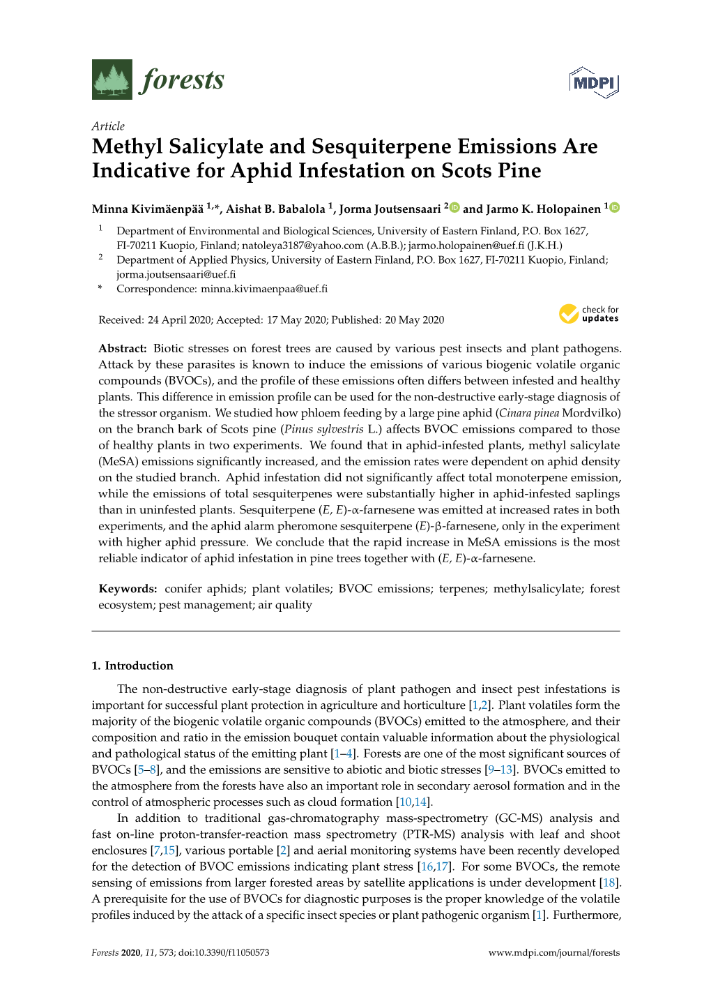 Methyl Salicylate and Sesquiterpene Emissions Are Indicative for Aphid Infestation on Scots Pine