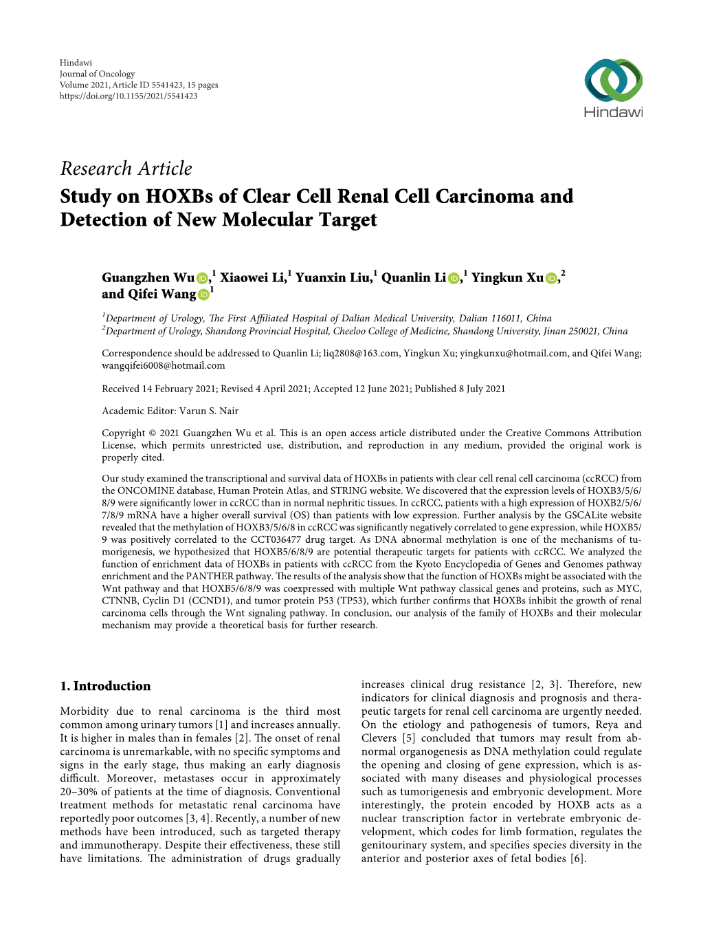 Study on Hoxbs of Clear Cell Renal Cell Carcinoma and Detection of New Molecular Target