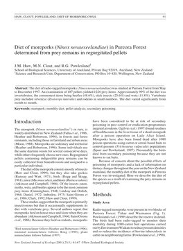 Diet of Moreporks (Ninox Novaeseelandiae) in Pureora Forest Determined from Prey Remains in Regurgitated Pellets