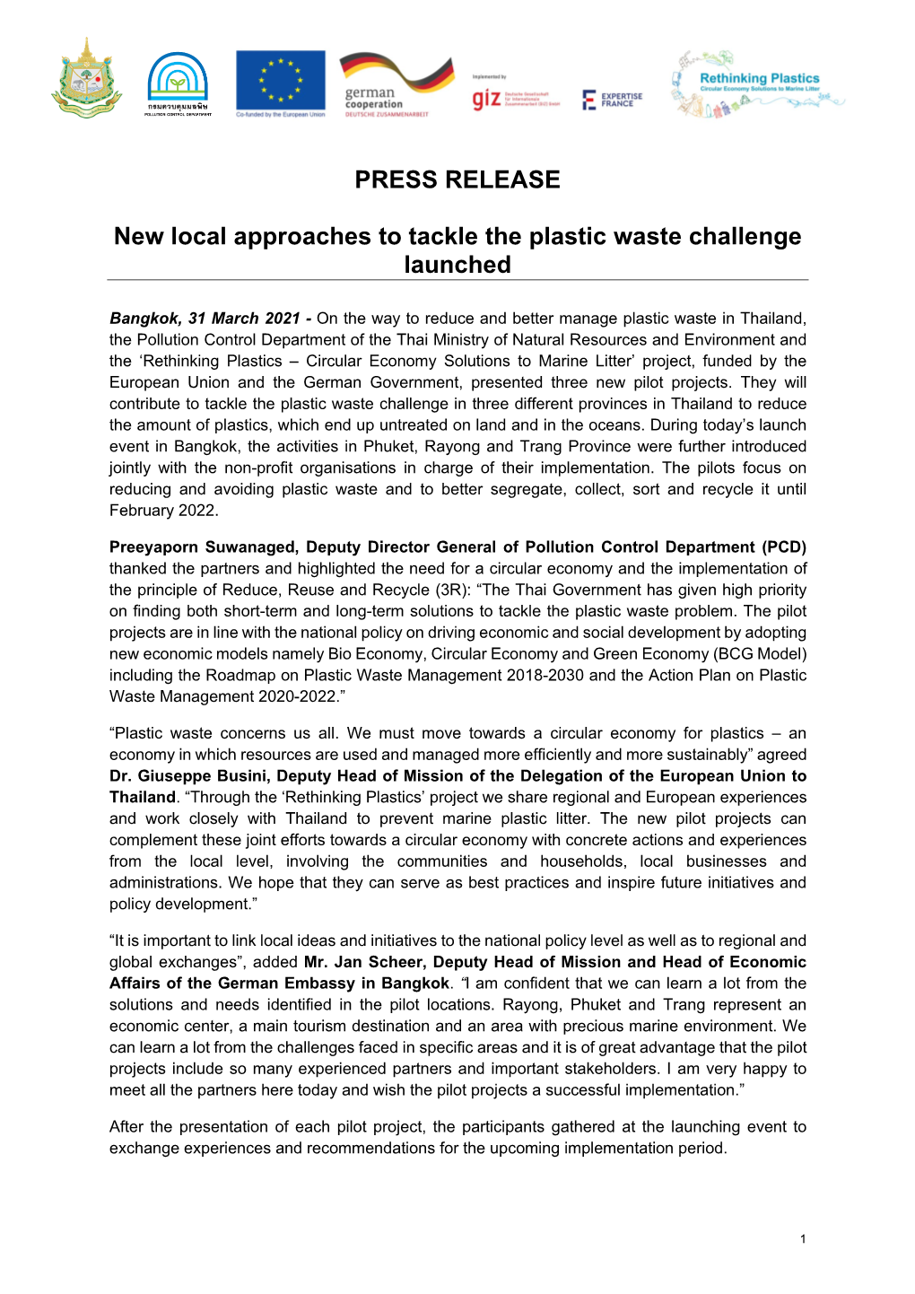 PRESS RELEASE New Local Approaches to Tackle the Plastic