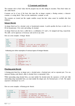 C Constants and Literals Integer Literals Floating-Point Literals