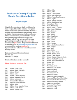 Buchanan County Virginia Death Certificate Index