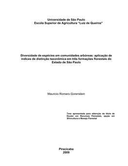 Diversidade De Espécies Em Comunidades Arbóreas: Aplicação De Índices De Distinção Taxonômica Em Três Formações Florestais Do Estado De São Paulo