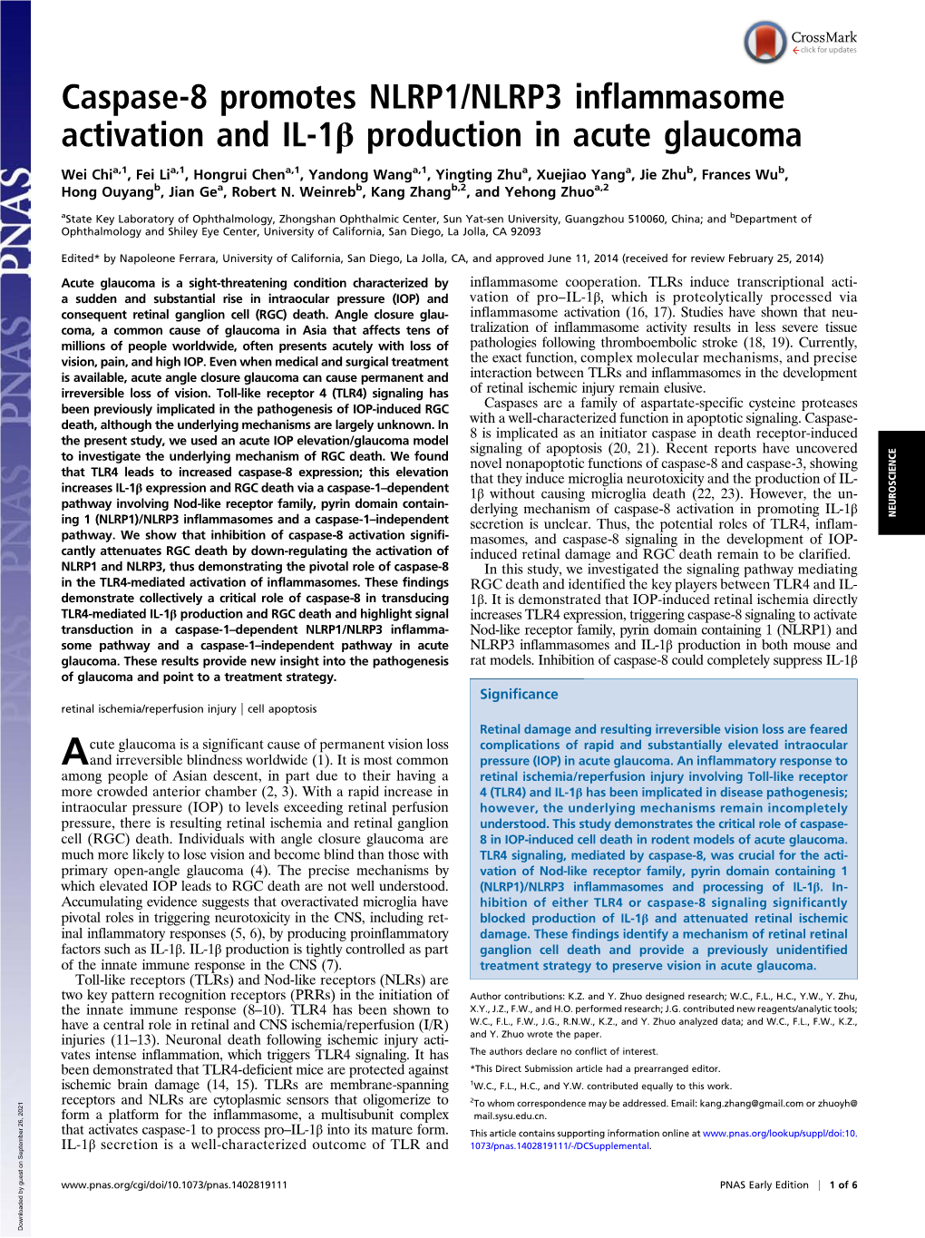 Caspase-8 Promotes NLRP1/NLRP3 Inflammasome Activation and IL-1Β Production in Acute Glaucoma